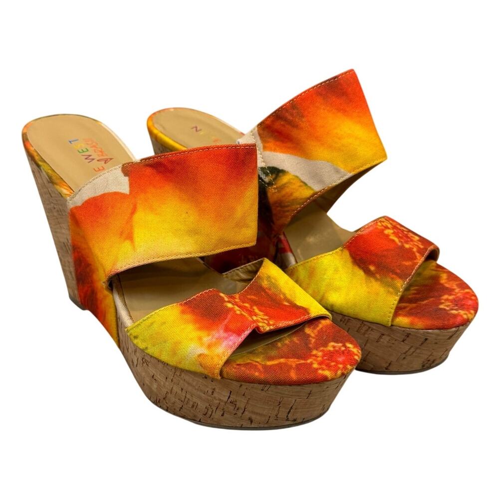 Nine West Brasil Larysa Wedge Platform Sandals Heels Yellow Orange Tropical 6.5